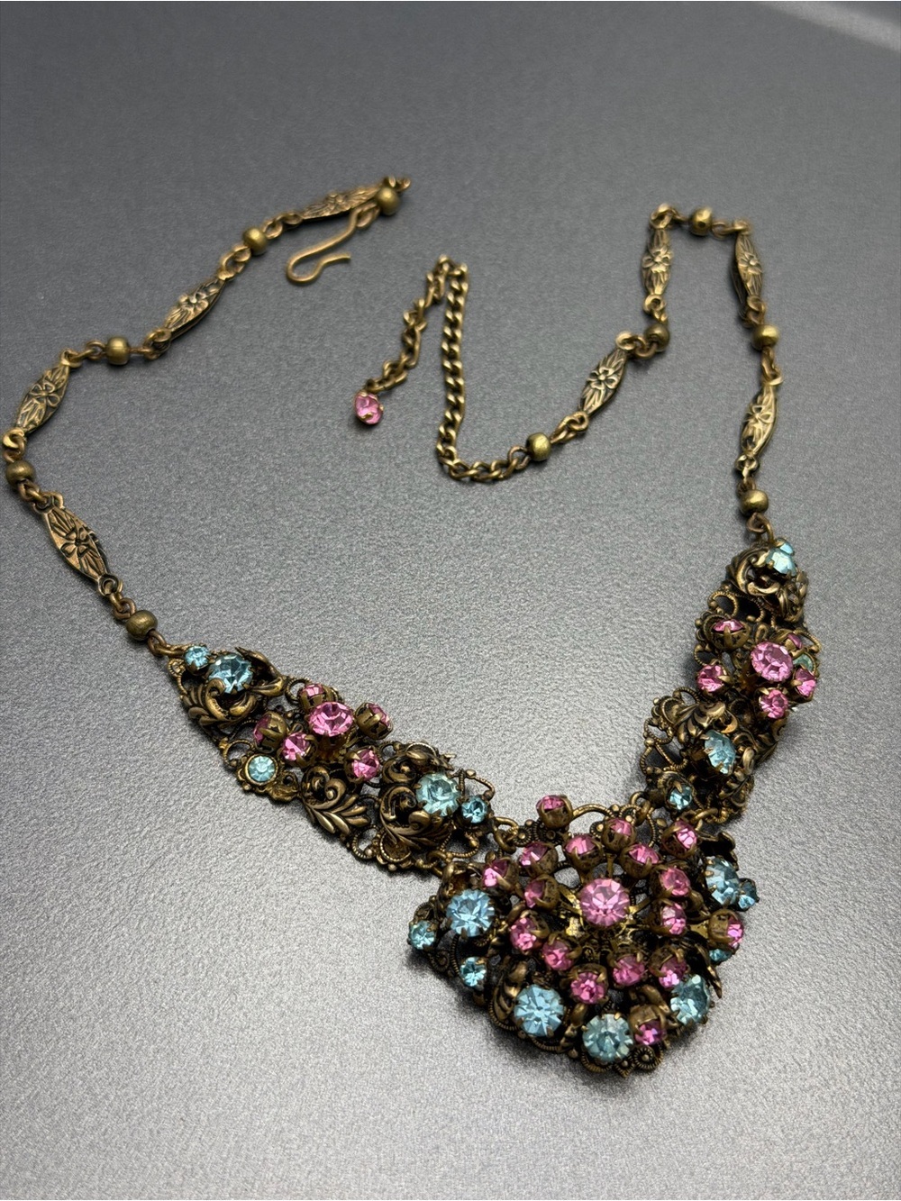 Antique Czech  Pink & Blue Rhinestone Floral Statement Necklace